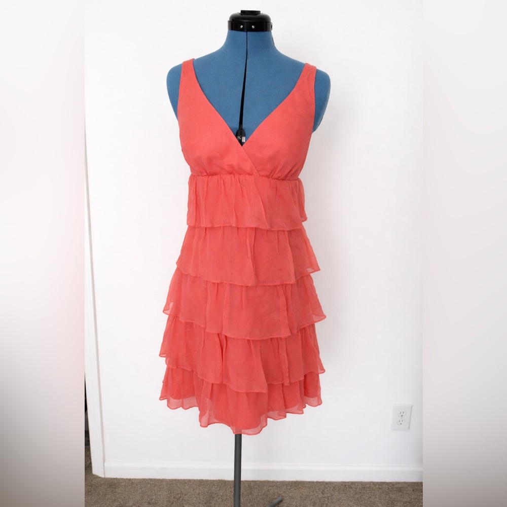 J. Crew Coral Tiered Ruffle V-Neck Mini Dress